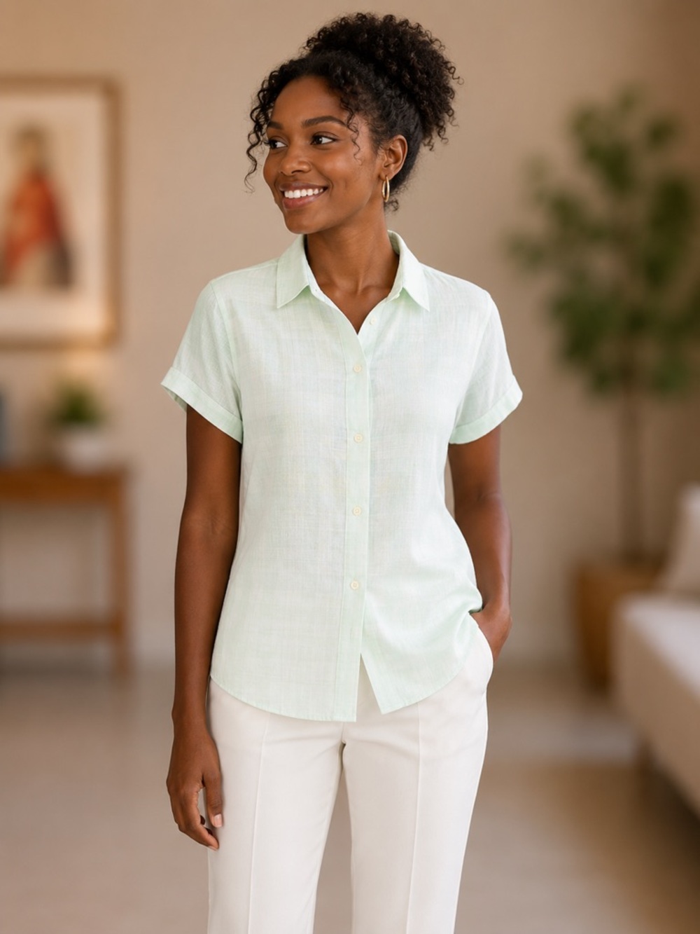 Light Green Short-Sleeve Button-Up Shirt